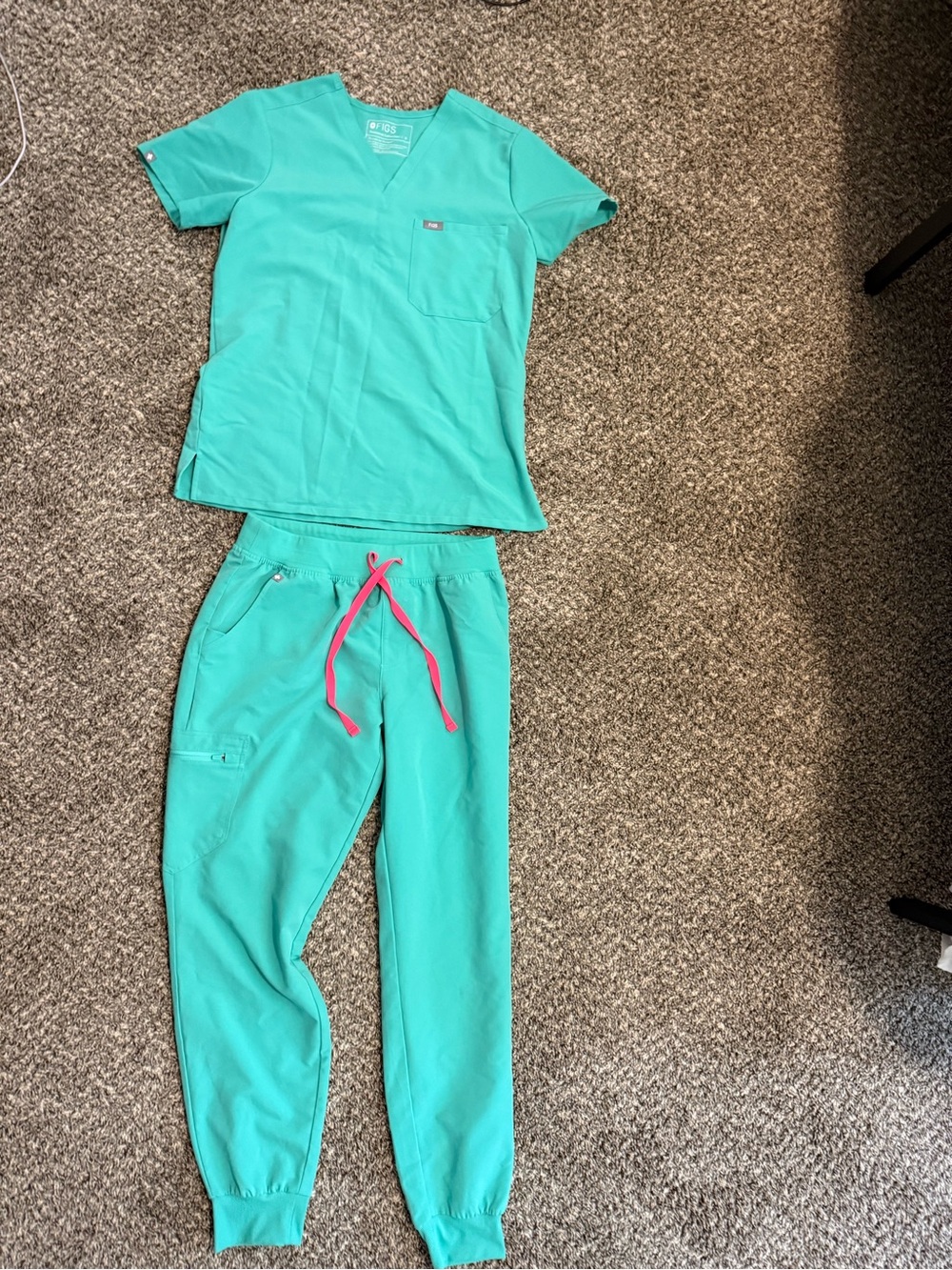 Figs Women's Teal Scrub Top & Jogger Set with Pink Drawstring